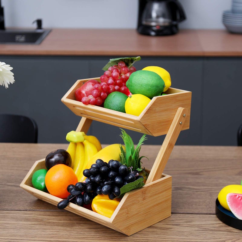 WELLAND Countertop Fruit Basket Bowl for Kitchen Dining Table, 2 Tier Bamboo Bread, Vegetable, Snack Storage - Image 5